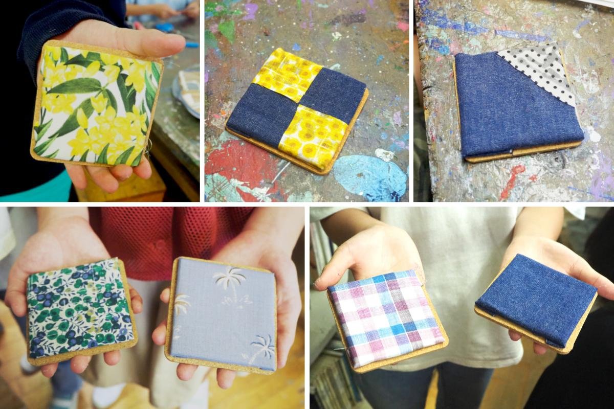 Coasters made by children from a variety of leftover fabrics.There were many children who made many of them, saying, "I want to make them for my family.