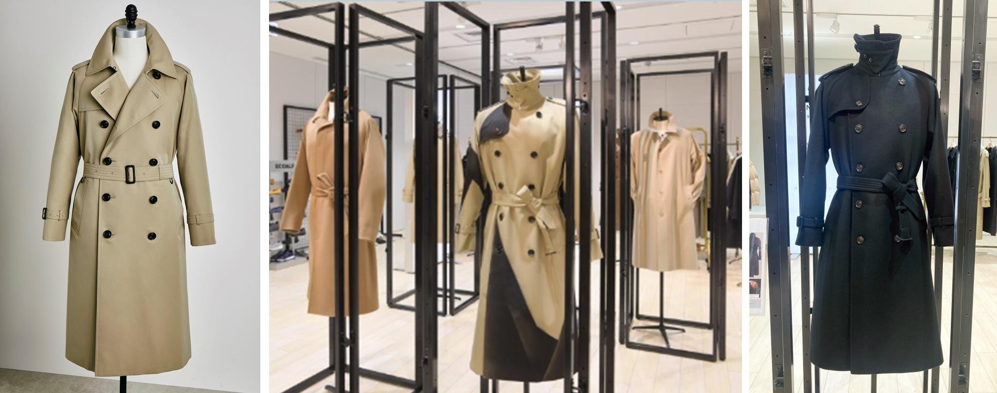 （写真左から）『100年コート 極KIWAMI』、『スプレーダイトレンチコート(中央)』、『ブリュードプロテインウールトレンチコート』