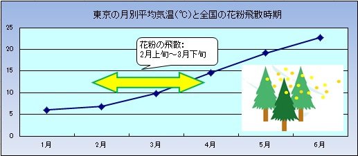 東京の月別平均気温（℃）と全国花粉飛散時期